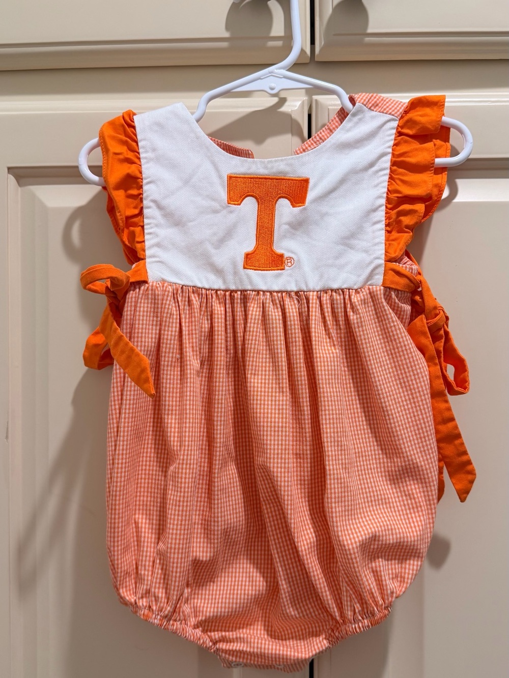 Vive La Fete Orange Gingham Bubble with White Bib and Univ of TN Embroidery 12m